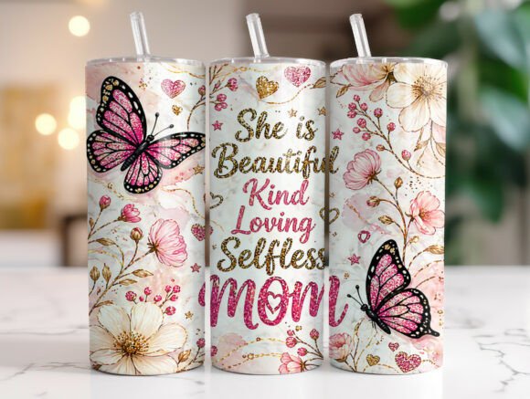 Glitter Mom Quote Butterfly Tumbler Wrap – A Sparkling Design Asset for Local Branding
