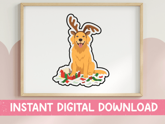 Golden Retriever with Reindeer Antlers: A Festive Graphic Design Asset for T-Shirt Designs