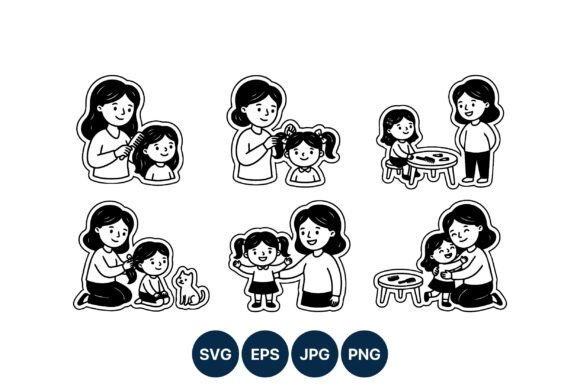Mom and Daughter Hair Combing Line Art: A Versatile Graphic for Digital Sellers